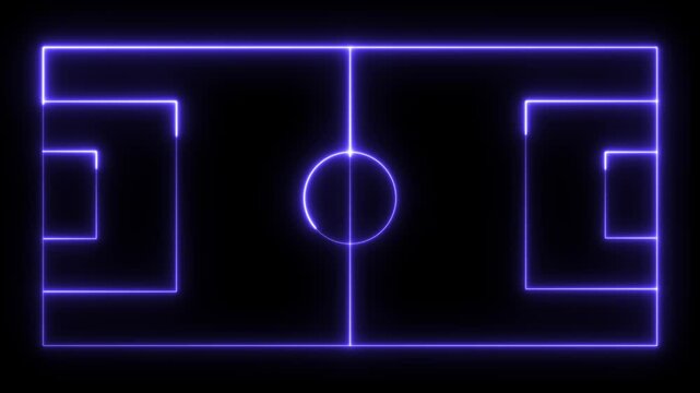 Electric purple neon glowing outline of a soccer field layout with center circle and penalty areas isolated on a solid black background for sports