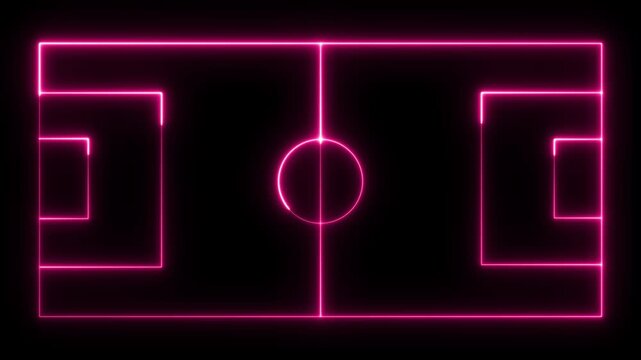 Bright pink neon glowing outline of a soccer field layout with center circle and penalty areas isolated on a solid black background for sports