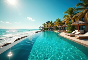 Obraz premium Breathtaking Beachfront Infinity Pool Resort Glamorous Cabanas Relaxing Coastal Oasis Luxury Retreat