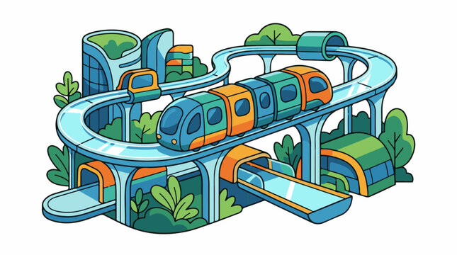 A futuristic elevated train system winds through a lush green landscape with modern architecture