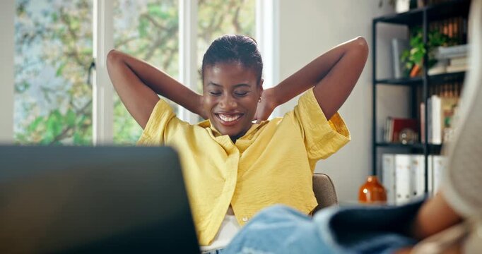 Finish, home and black woman with laptop for remote work, break and done with customer service job. Happy, relax and person stretching with headset for virtual assistance, online help or tech support