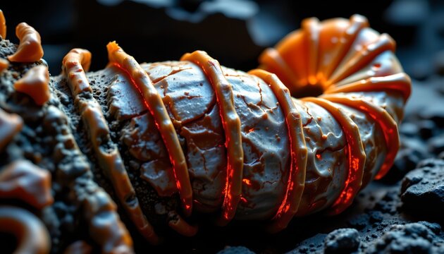 The image features a close up of a dessert, likely a rolled pastry or ice cream cone, decorated with a shiny glaze and drizzled with caramel or fudge