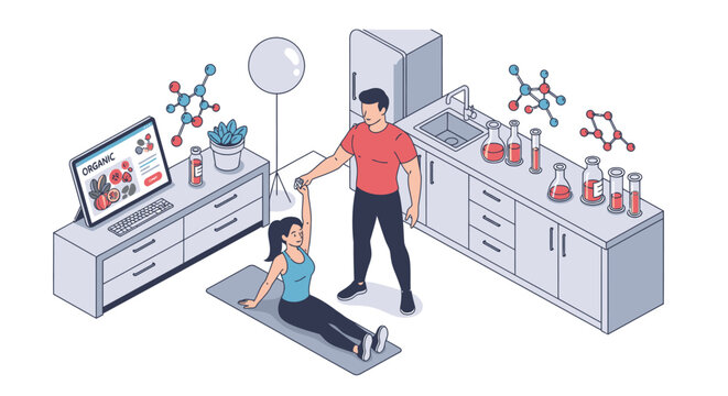 Fitness trainer assisting woman with exercise in a laboratory setting.
