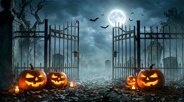 Scary glowing pumpkins in a dark spooky graveyard with an open metal gate under a bright full moon at night