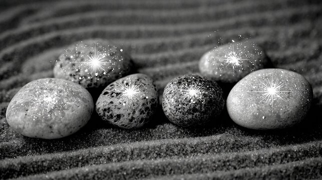 A Zen garden of polished river stones arranged on rippled sand, with sparkling light accents creating a serene and tranquil scene.