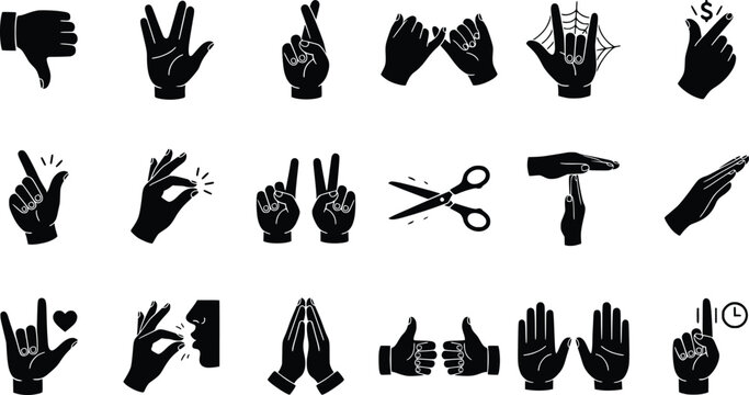 Black hand gesture icons set, 18 flat vector silhouettes of human hands and fingers, communication signs and body language symbols in EPS format
