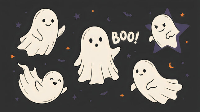 Cute cartoon ghosts set with boo text on dark background for halloween party decoration and funny stickers