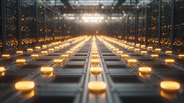 Abstract glowing network of interconnected servers pulsing with data in a futuristic technological environment
