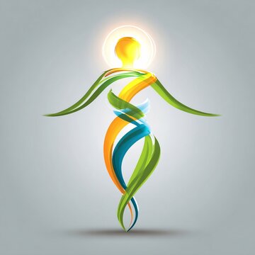 Abstract human figure with swirling colorful energy and glowing halo representing wellness and vitality