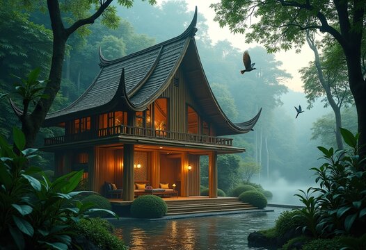 Exotic Bamboo Temple Tranquility Open-Air Structure Sanctuary Amidst Lush Jungle Paradise