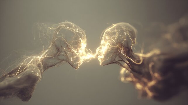 Abstract representation of quantum entanglement showing two heads connected by glowing energy, symbolizing a deep spiritual connection.
