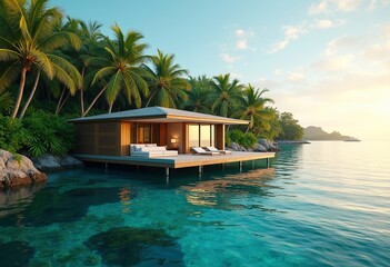 Obraz premium Floating House on Stilts Over Crystal Clear Lagoon Water Surrounded by Lush Tropical Flora