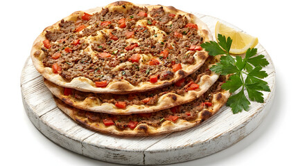 Thin and crispy Armenian Lahmadjo with minced lamb and spices, on a board, isolated on white © Gabby Putri