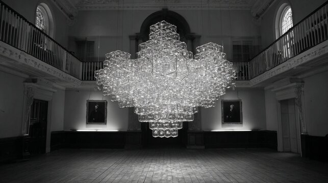 An intricately designed crystal chandelier hanging in a grand, dimly lit hall with portraits on the walls