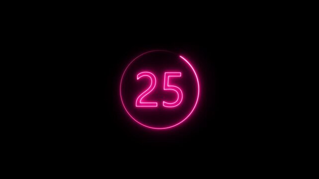 Glowing pink neon number twenty eight inside a circular frame on a dark black background for countdown timer or digital interface display