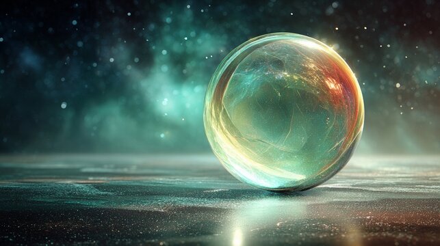 An iridescent ethereal orb glowing with cosmic light on a reflective surface