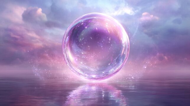 An iridescent glowing orb pulsating with ethereal light and reflections on water amidst a dreamy sky
