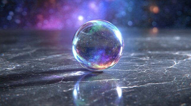 An iridescent glowing orb pulsating with ethereal light and galaxy-like reflections rests on a marbled surface