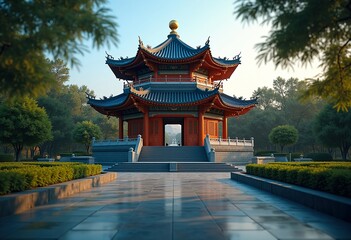 Obraz premium Inspiring Classic Chinese Pagoda Tranquil Park Surrounded by Peaceful Paths Graceful Upturned Eaves