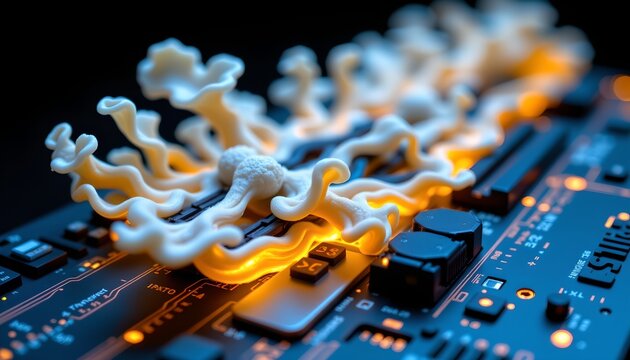 The image features a close up view of a professional DJ or music production controller with numerous buttons, sliders, and knobs illuminated by warm orange lighting