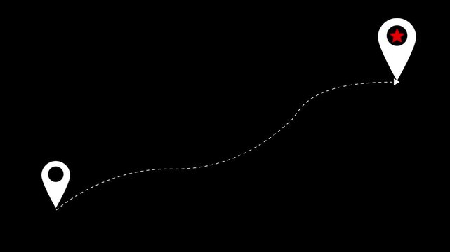 White map pin with a dashed line path ending in an arrow on a black background representing navigation or travel route direction