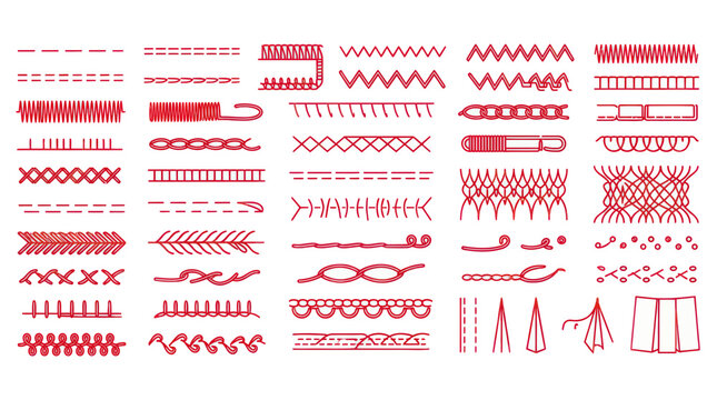 Set of decorative sewing machine stitch patterns and seams