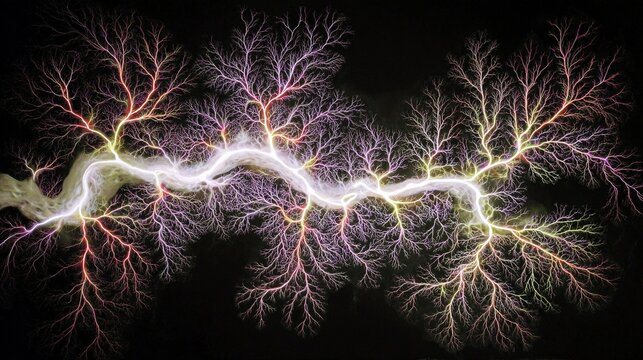 Electrical discharge creating luminous fractal pathways resembling lightning or neural networks