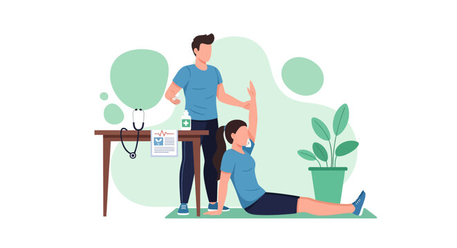 Physical therapist assisting patient with arm exercise rehabilitation.