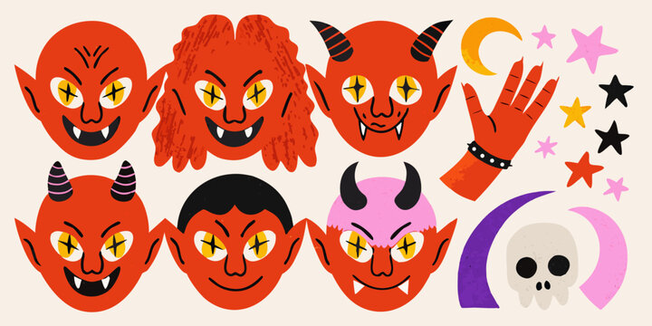 Collection Of Red Devil And Demon Characters Vector Illustration