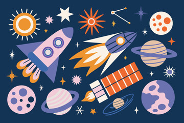 Space Exploration Illustration With Planets Rockets And Celestial Bodies © Vector Studio