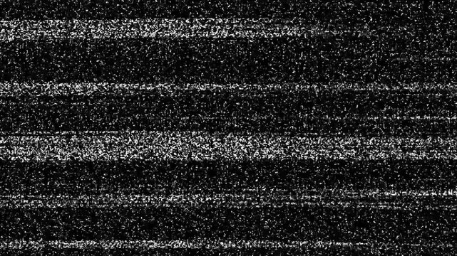 Analog television static noise with horizontal scan lines and grainy white texture on a black background representing a corrupted signal feed