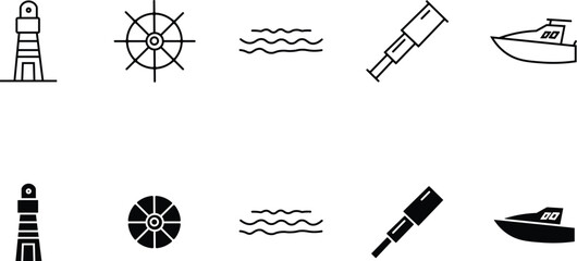Nautical icons set lighthouse ship's wheel waves buoy and speedboat graphics © Md