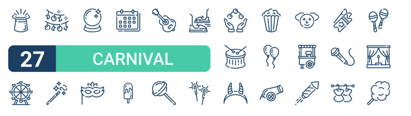 Set of 27 outline Carnival icons for modern UI, landing pages and digital services. Editable stroke collection with magic hat, ferris wheel, garlands, popsicle, drum and firework. © Elijah