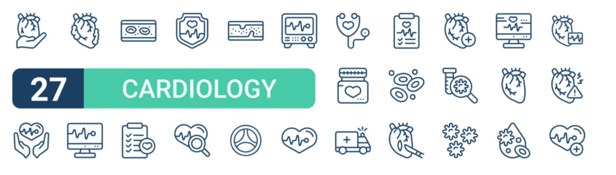 Set of 27 outline Cardiology icons for modern UI, landing pages and digital services. Editable stroke collection with cardiology, care, fat, cardiology, medicine and platelet.