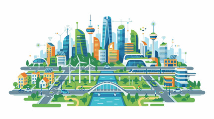 Fototapeta premium A futuristic eco-friendly cityscape with sleek skyscrapers green spaces and a river