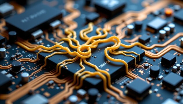 The image depicts a close up view of a computer circuit board with a digital virus symbol prominently displayed in the center