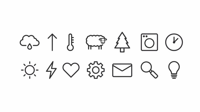 Minimalist line icons set featuring weather, nature, technology, and time symbols . Vector flat illustration on a white background. Vector illustration.