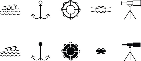 Nautical icons set waves anchor ship wheel rope and telescope graphics © Md