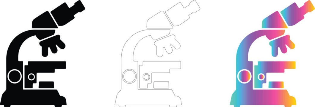 Minimalist laboratory microscope logo icon set in black outline and gradient