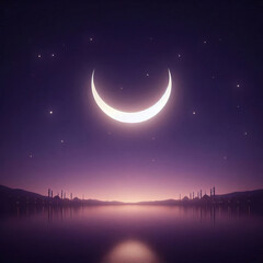 Naklejka premium A Glowing Crescent Moon Hangs In A Starry Purple Night Sky Casting Its Reflection Onto The Calm Waters Below Which Are Flanked By Distant Silhouettes Of Mosque Minarets And Domes On The Horizon