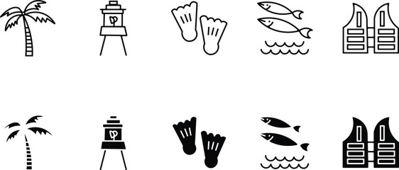 Black and white line art icons depicting tropical vacation and seaside elements © Md