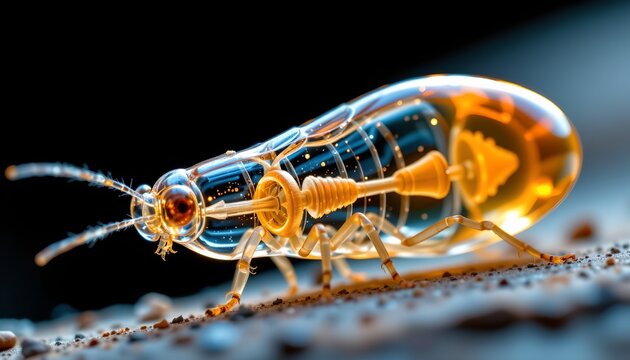 The image depicts an extremely detailed and close up view of a tiny, transparent creature resembling a termite or a similar insect