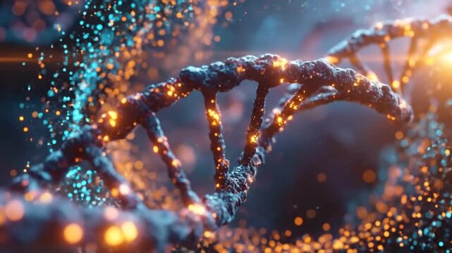 A glowing double helix structure floats in a dark space