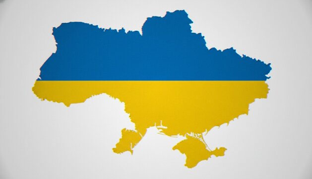 A map outline of Ukraine filled with the colors of the national flag, blue and yellow, isolated on a plain background.