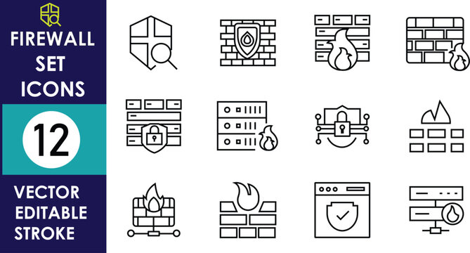 Vector firewall security icon set featuring network protection, data security, cyber defense, server monitoring, secure access, encryption, and digital safety concepts.