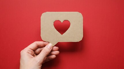 Fototapeta premium Friendship day concept hand holding cardboard speech bubble with heart cutout on red background