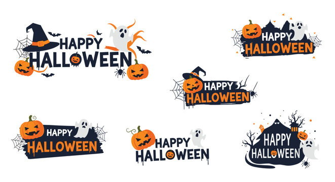 Collection of festive happy halloween typographic labels with spooky ghosts, orange pumpkins, and black bats.