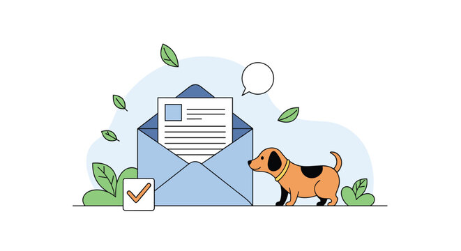 Small brown dog standing beside large blue envelope containing official letter with green leaves and approval checkmark icon nearby.