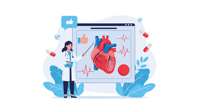 Professional female cardiologist using pointer to explain human heart anatomy and medical data on large digital screen in clinic office.