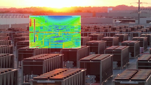 Thermal camera graphic infrared overlay over data center showing heat dissipation and temperature visualization